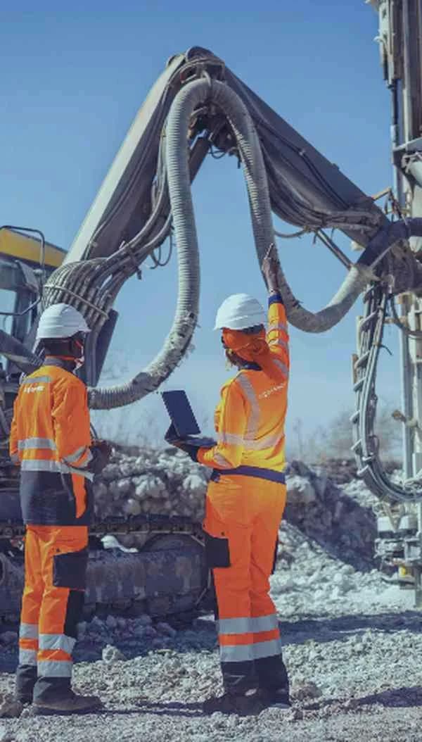 Deux opérateurs en tenue haute visibilité orange et casques blancs, de dos, devant le bras et les flexibles d'une foreuse ; l'un consulte une tablette, l'autre lève la main vers un flexible.