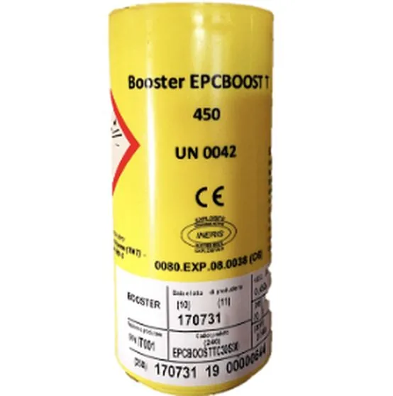 A yellow cylindrical booster, labelled and sealed, shown upright on a white background.